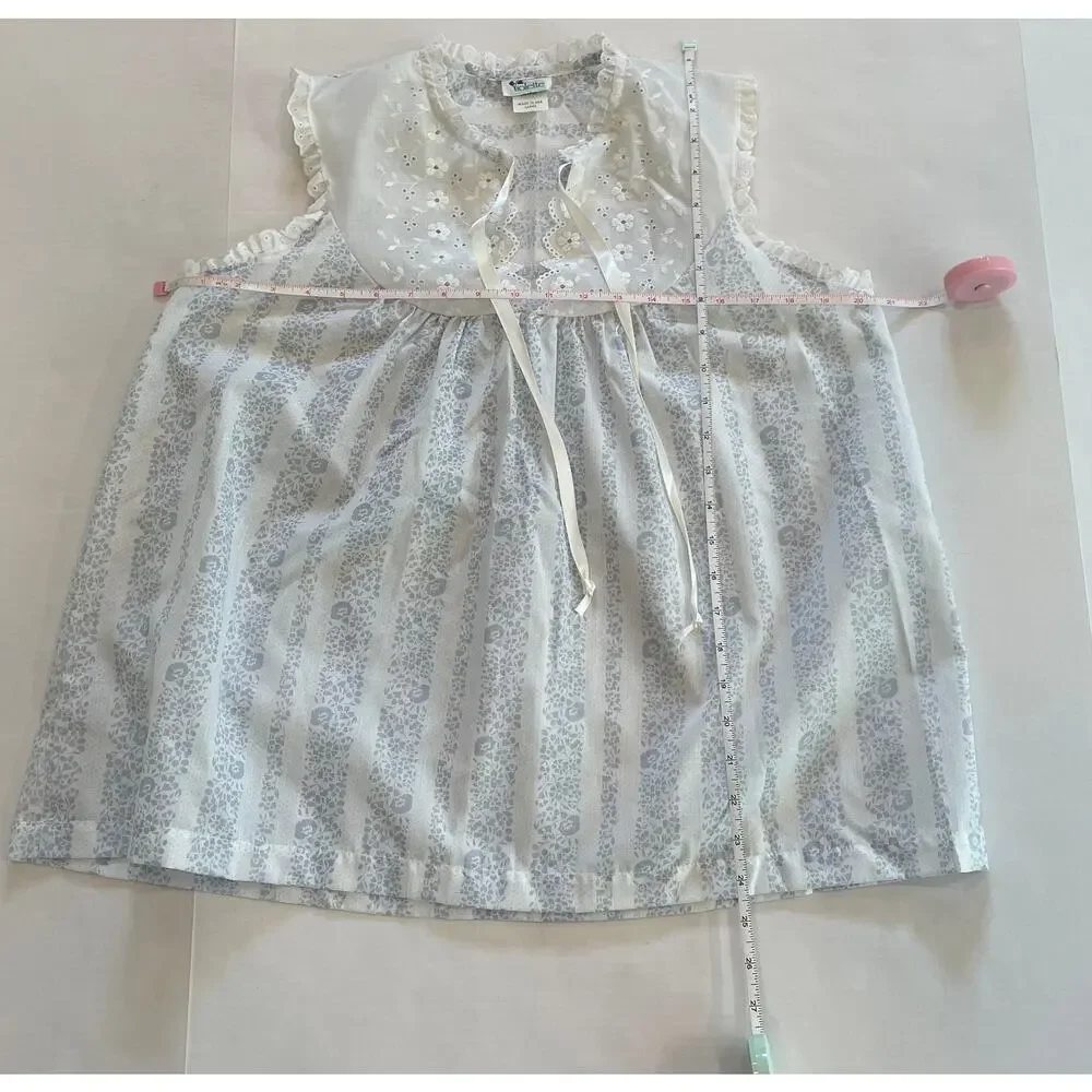 Vintage Violette Pastel Blue Floral Sleep Top, Eyelet, Ruffle, Size L